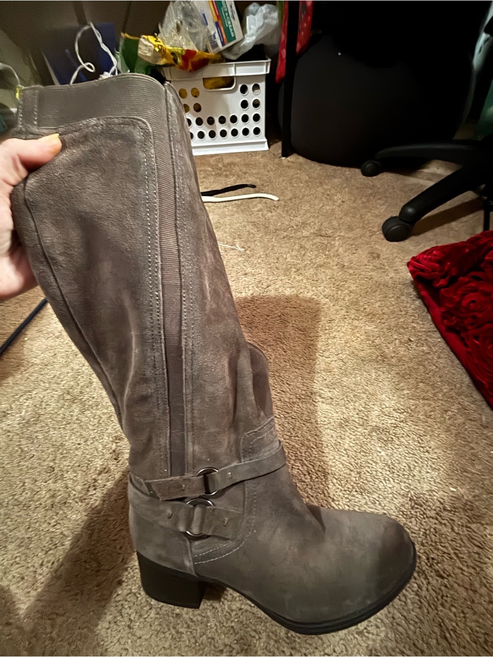 Women's Gray Suede Mid-Calf Heeled Boots with Buckle Detail